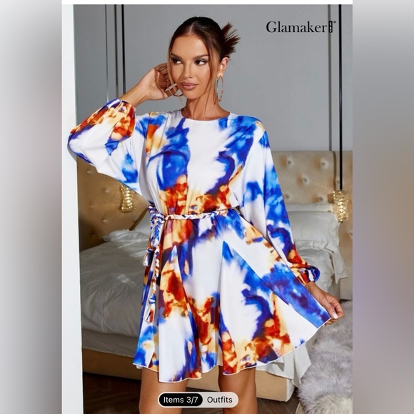NWT Glamaker Tie Dye Lantern Sleeve Belted Dress size small - Picture 3 of 9